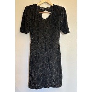 Vintage Mark And John Sam Black Silk‎ Beaded Dress Made In India Size Small